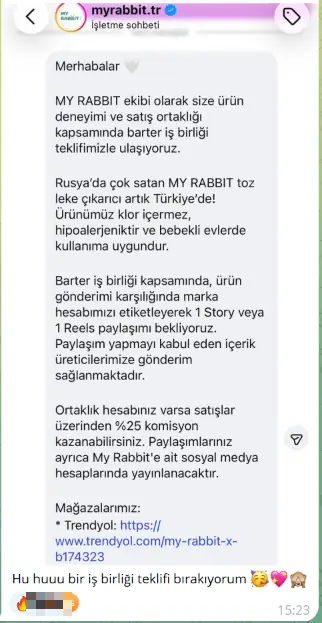 Barter iş birliği teklifi — ekran görüntüsü