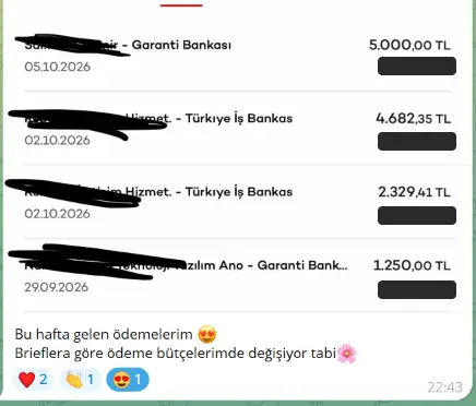 Bir haftada gelen ödemeler — ekran görüntüsü