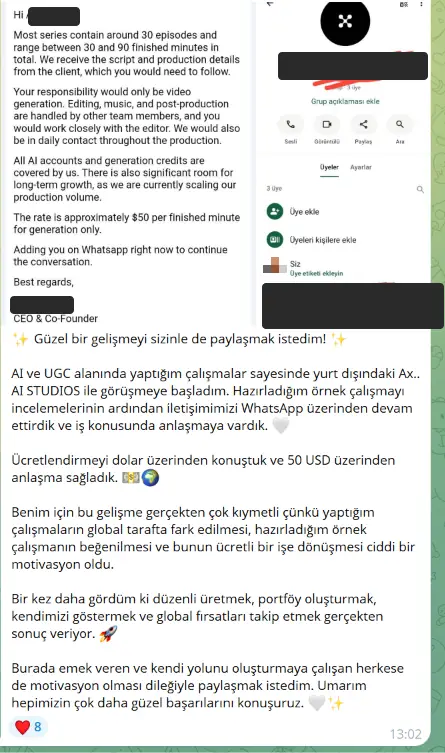 Yurt dışındaki bir AI stüdyosuyla anlaşma — ekran görüntüsü